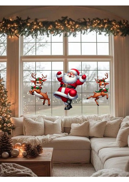 , Tek Yön, Yılbaşı Süsü, Dans Eden Noel Baba ve Geyikler Modelli, Cam, Duvar Sticker, 50 x 50 Cm, Kırmızı, fiyatları