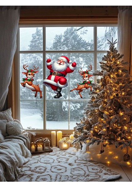 , Tek Yön, Yılbaşı Süsü, Dans Eden Noel Baba ve Geyikler Modelli, Cam, Duvar Sticker, 50 x 50 Cm, Kırmızı, modelleri