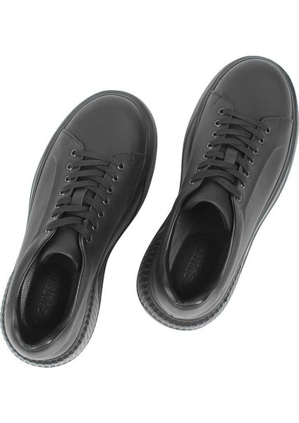 Erkek Mat Siyah Bağcıklı Kalın Tabanlı Deri Sneaker