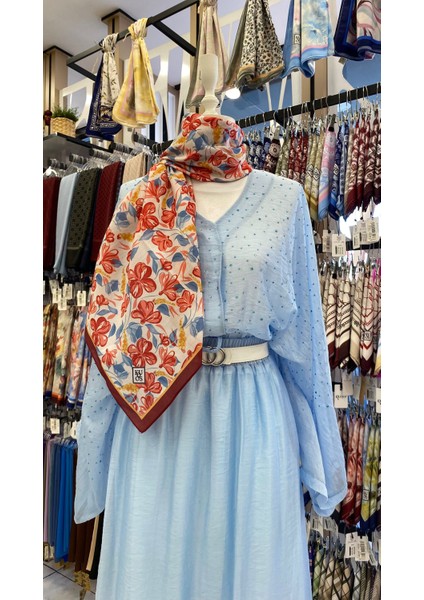 Yaz Çiçekleri Eşarp Kırmızı Mavi