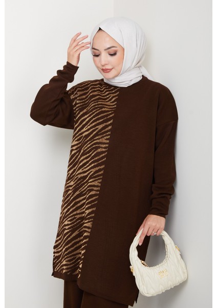 Leopar Desenli Simli Triko Tunik
