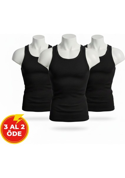 Erkek Fitilli Atlet - Pamuklu Esnek Sporcu Kesim 3AL 2öde (Siyah)