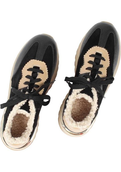 Kadın Siyah Vizon Bağcıklı Süet Deri Sneaker