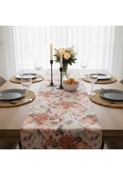 Jakarlı Dokuma Dekoratif Runner 45 x 140 cm Kiremit Renkli Çiçekli