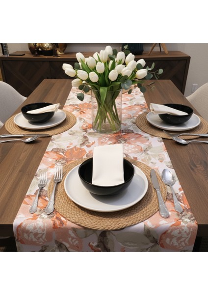 Jakarlı Dokuma Dekoratif Runner 45 x 140 cm Kiremit Renkli Çiçekli