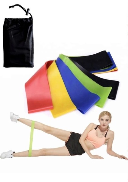 5 Li Çantalı Aerobik Band Pilates Plates Yoga Fitness Squat Çalışma Lastiği Latex Egzersiz Bandı