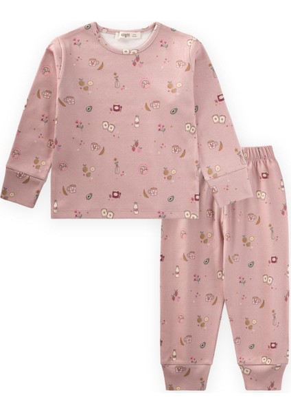 Desenli Mevsimlik Pijama Takım 1-7 Yaş Pudra Pembe