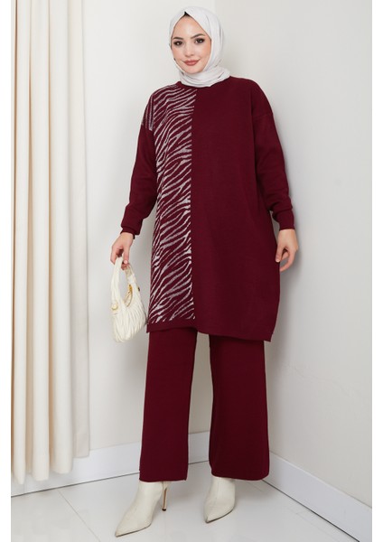 Takım Leopar Desenli Simli Pantolonlu Tunik