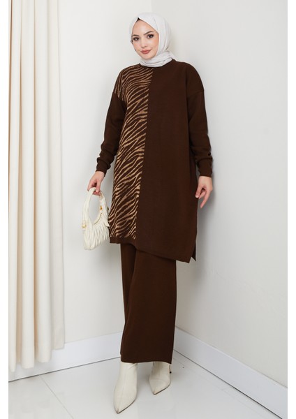 Takım Leopar Desenli Simli Pantolonlu Tunik