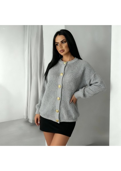 Kadın Teddy Bisiklet Yaka Yumuşak Doku Gold Düğmeli Havlu Örgü Hırka