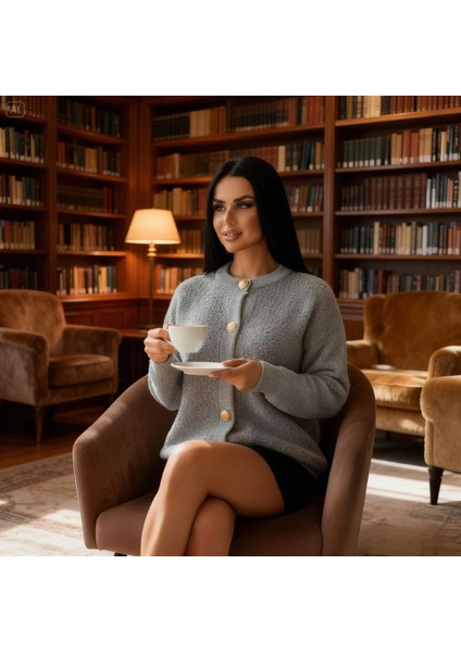 Kadın Teddy Bisiklet Yaka Yumuşak Doku Gold Düğmeli Havlu Örgü Hırka indirimleri