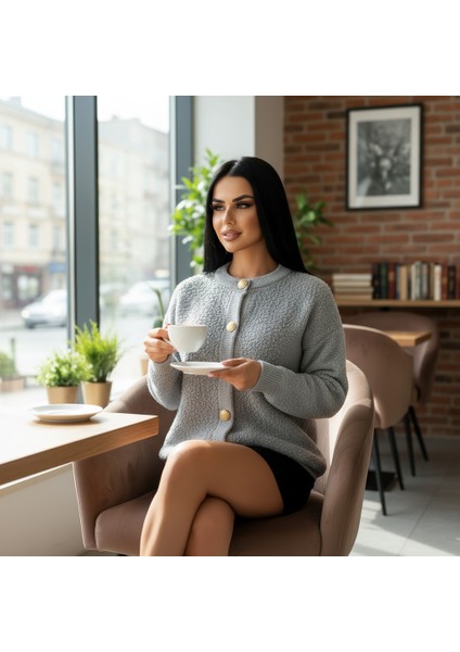 Kadın Teddy Bisiklet Yaka Yumuşak Doku Gold Düğmeli Havlu Örgü Hırka