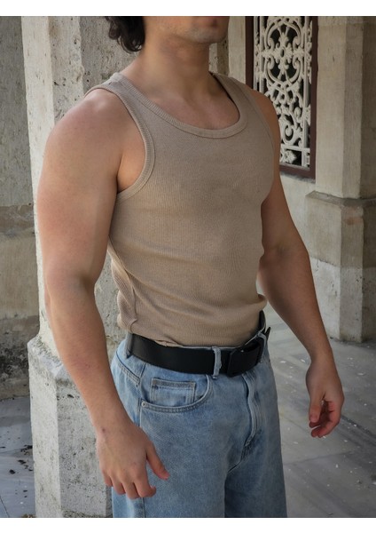 Erkek Fitilli Atlet - Pamuklu Esnek Sporcu Kesim (Bej)