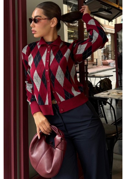 Bordo Baklava Desenli Polo Yaka Kadın Hırka MG2478