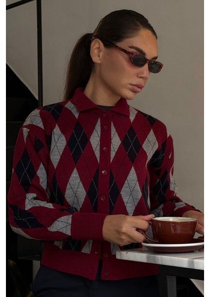 Bordo Baklava Desenli Polo Yaka Kadın Hırka MG2478 indirimleri