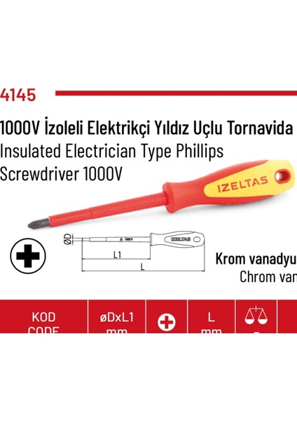 1000V Izoleli Yıldız Uçlu Tornavida 6*100