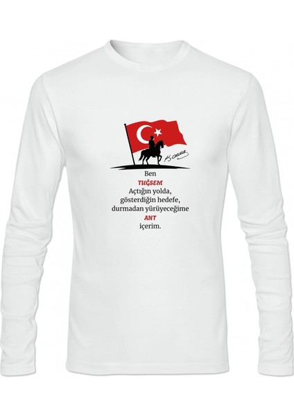 Kişiye Özel Andımız Tişörtü – Atatürk Temalı Unisex Uzun Kollu Beyaz Tshirt | Isim Baskılı Pamuklu Polyester