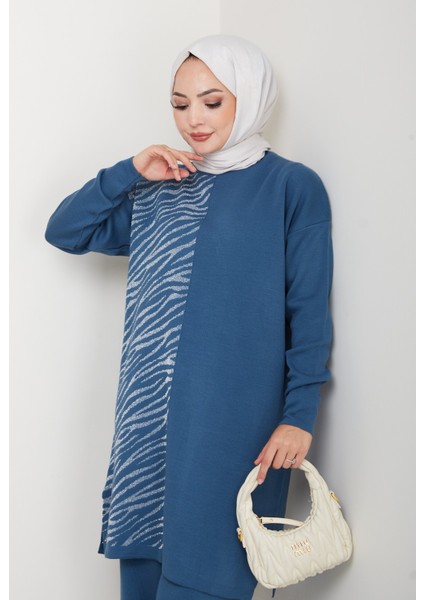 Leopar Desenli Simli Triko Tunik