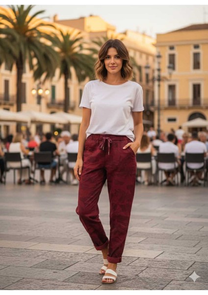 LS7312 Kamuflaj Desenli Likralı Italyan Coton Pantolon Bordo