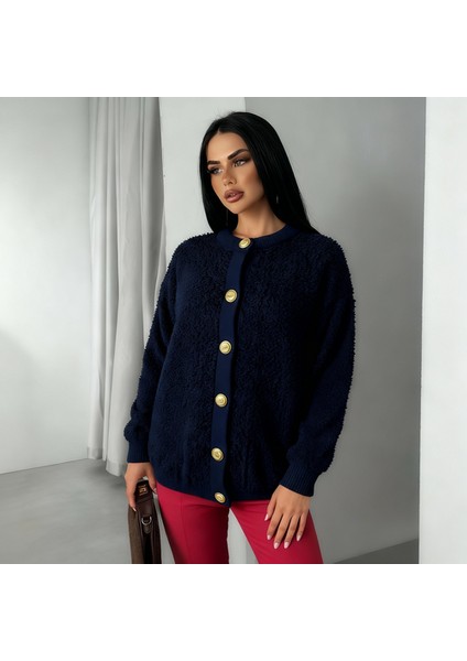 Kadın Teddy Bisiklet Yaka Yumuşak Doku Gold Düğmeli Havlu Örgü Hırka