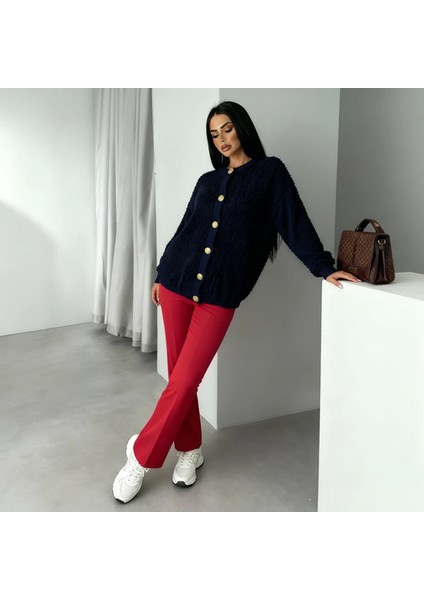 Kadın Teddy Bisiklet Yaka Yumuşak Doku Gold Düğmeli Havlu Örgü Hırka modelleri