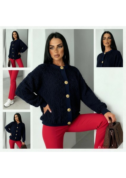 Kadın Teddy Bisiklet Yaka Yumuşak Doku Gold Düğmeli Havlu Örgü Hırka