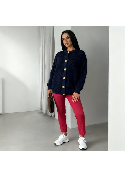 Kadın Teddy Bisiklet Yaka Yumuşak Doku Gold Düğmeli Havlu Örgü Hırka