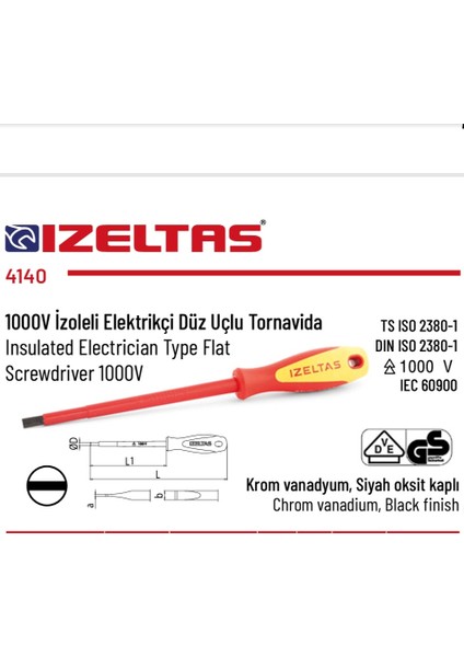 1000V Izoleli Düz Uçlu Tornavida 6.5*150