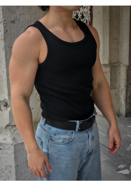 Erkek Fitilli Atlet - Pamuklu Esnek Sporcu Kesim (Siyah)