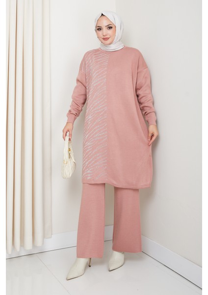 Takım Leopar Desenli Simli Pantolonlu Tunik