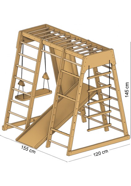 Montessori 3'lü Oyun Parkuru | Salıncak | Kaydırak | Monkeys Bar | Halat Merdiven | Ip Tırmanma