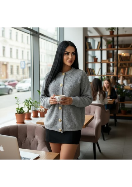 Kadın Teddy Bisiklet Yaka Yumuşak Doku Gold Düğmeli Havlu Örgü Hırka fiyatları