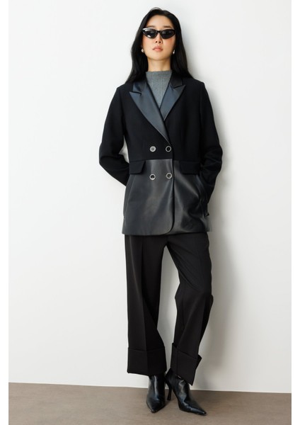 Kadın Suni Deri Detaylı Düğmeli Ceket 5093 Siyah