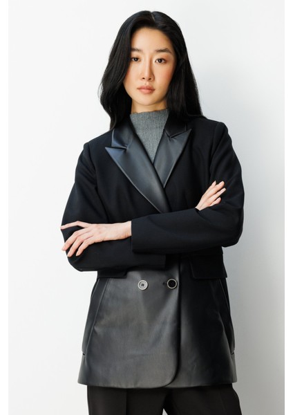 Kadın Suni Deri Detaylı Düğmeli Ceket 5093 Siyah modelleri