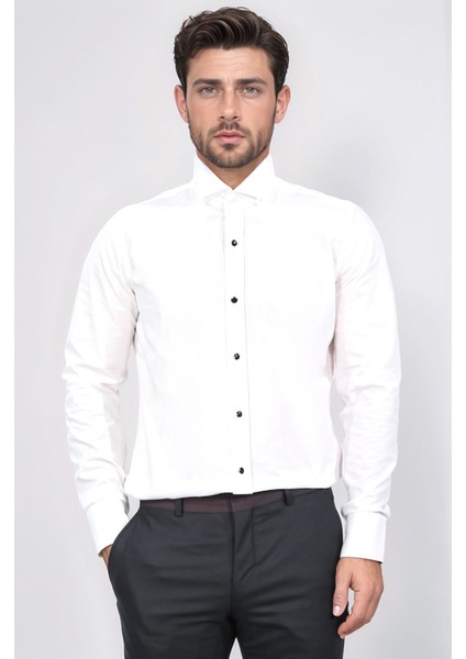 Beyaz Slim Fit Duble Manşet Ata Yaka Smokin Gömlek