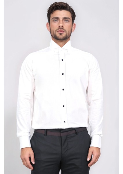 Beyaz Slim Fit Duble Manşet Ata Yaka Smokin Gömlek fiyatları