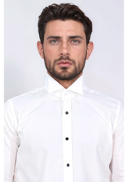 Beyaz Slim Fit Duble Manşet Ata Yaka Smokin Gömlek modelleri