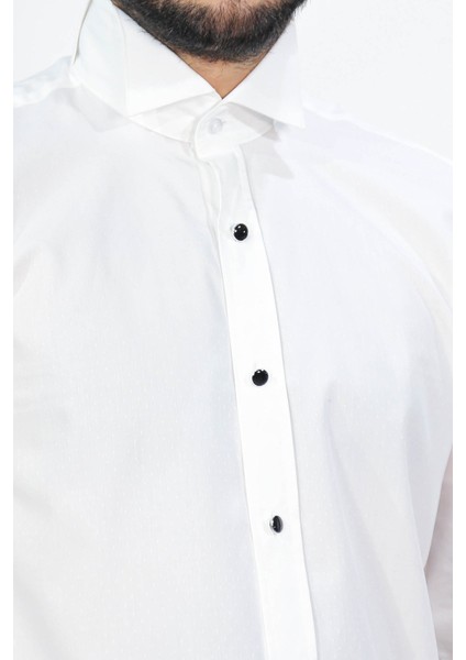 Beyaz Slim Fit Duble Manşet Ata Yaka Smokin Gömlek