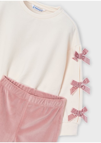 4-10 Yaş Kız Çocuk Krem Renk Şardonlu Fiyonk Detaylı Sweat ve Pembe Kadife Tayt 2’li Takım modelleri