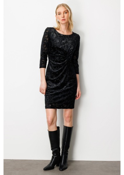 Kadın Önü Büzgülü Kadife Detaylı Elbise 4005 Siyah