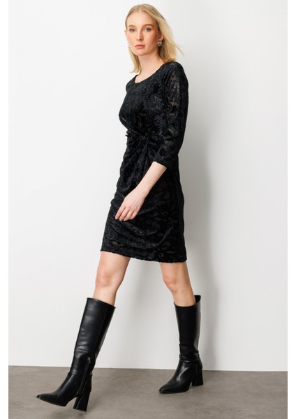 Kadın Önü Büzgülü Kadife Detaylı Elbise 4005 Siyah fiyatları