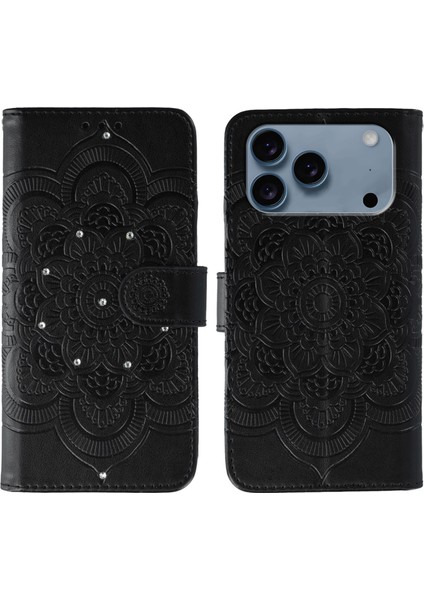 X-Step iPhone 17 Pro Için Bilek Kayışlı Yapay Dekorlu Pu Deri Telefon Kılıfı (Yurt Dışından)