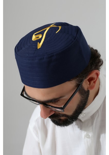 Elif Vav Nakışlı Kalıp Namaz Takkesi - Lacivert