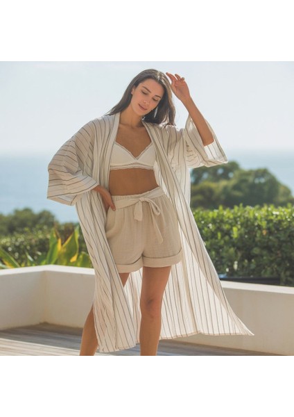 Çizgili Oversize Müslin Kimono + Hediye Toka 🎁