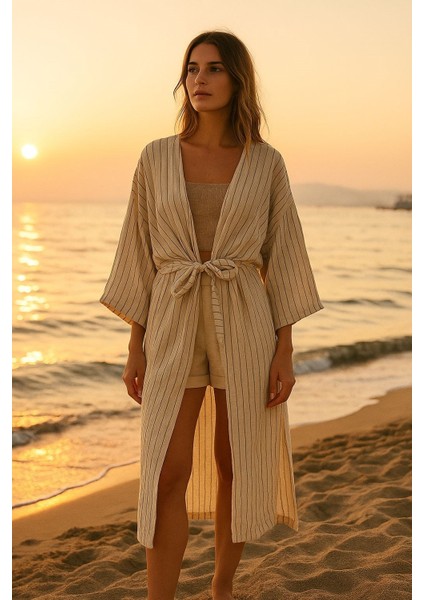 Çizgili Oversize Müslin Kimono + Hediye Toka 🎁 modelleri