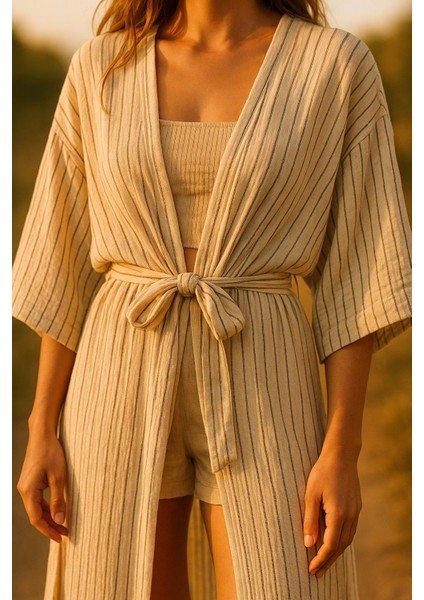 Çizgili Oversize Müslin Kimono + Hediye Toka 🎁 fırsatları