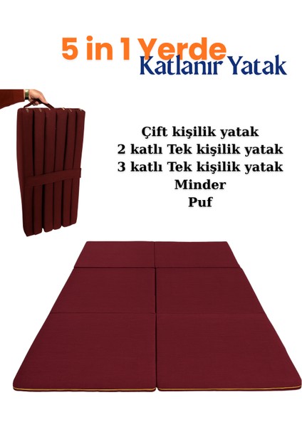 Multipurpose 5 In 1 Bordo Çift Kişilik Katlanır Süngerli Misafir Yer Yatağı ve Balkon Minderi 7cm