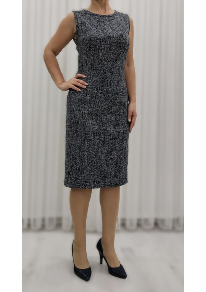 Lacivert Karyağdı Desenli Likralı Yünlü Jakarlı Önden Kuplu Düz Dar Elbise