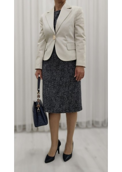 Lacivert Karyağdı Desenli Likralı Yünlü Jakarlı Önden Kuplu Düz Dar Elbise fırsatları