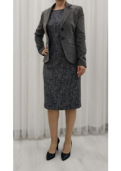 Lacivert Karyağdı Desenli Likralı Yünlü Jakarlı Önden Kuplu Düz Dar Elbise